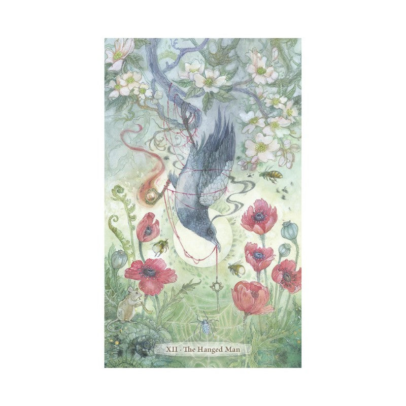 Card featuring an illustration of 'The Hanged Man' from a tarot deck with a blue bird, flowers, and foliage.
