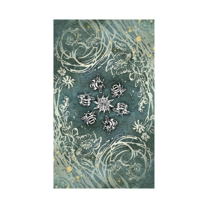 back of verdance tarot card showing  bee and floral pattern on a blue background