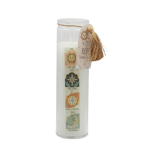 Candle with a label and tassel on a white background