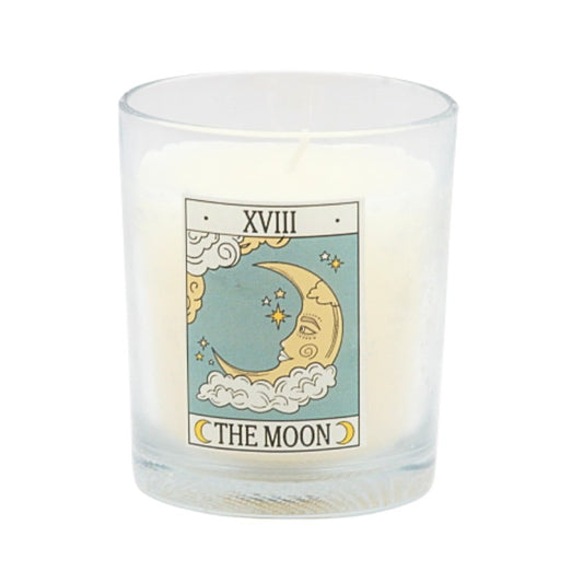 Candle with 'The Moon' tarot card design on a white background