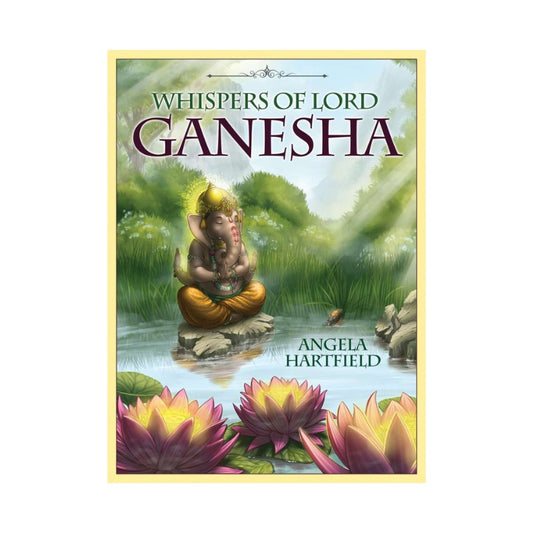 tarot deck cover of 'Whispers of Lord Ganesha' with a depiction of Ganesha and lotus flowers.