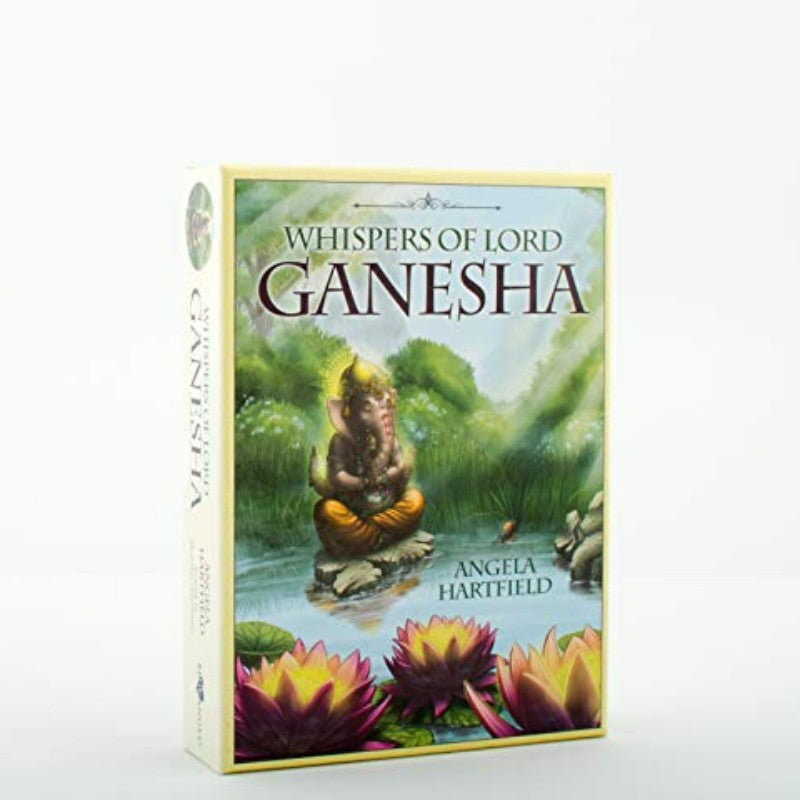tarot card deck cover of 'Whispers of Lord Ganesha' by Angela Hartfield with a depiction of Lord Ganesha and lotus flowers.