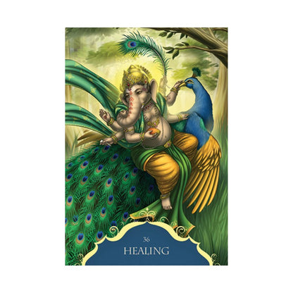 Decorative tarot card with an illustration of Ganesha on a peacock, titled 'Healing'.