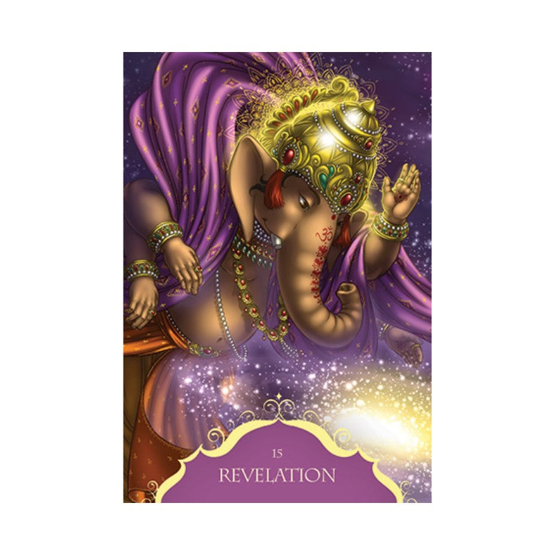 Card featuring an illustrated deity with purple and gold colors, labeled 'Revelation'.