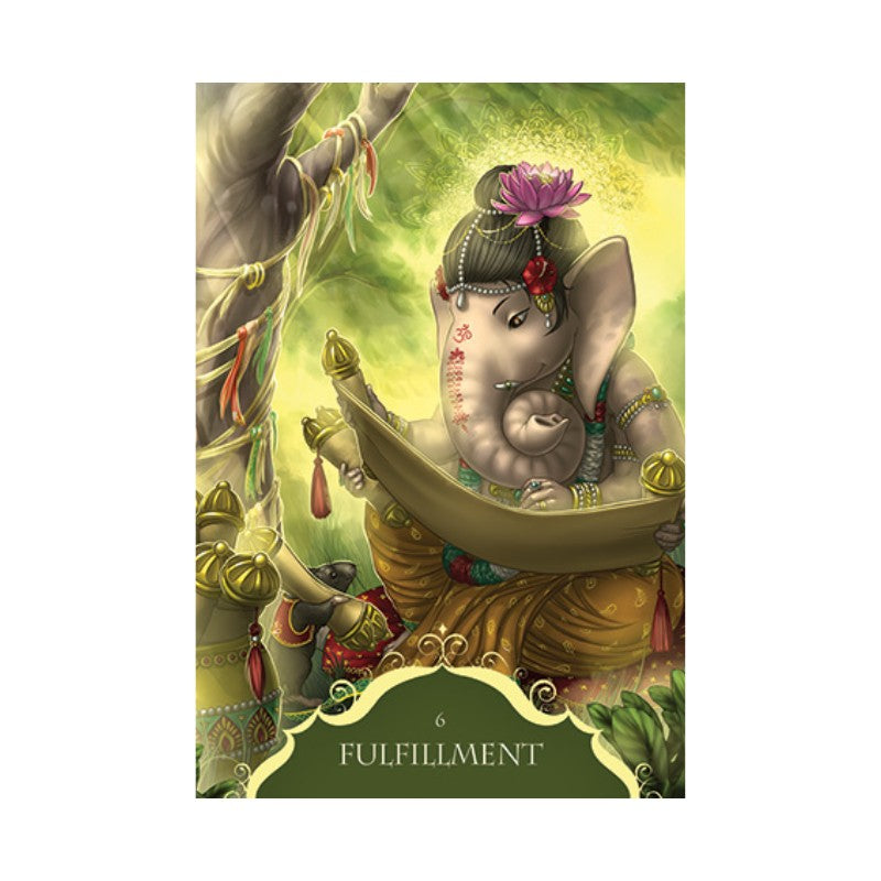 Card featuring an illustration of a deity with a crescent moon and 'Fulfillment' text on a green background