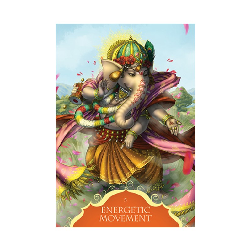 Colorful depiction of a deity with decorative elements on a light blue background