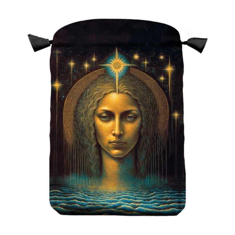 satin tarot bag with image of a woman's face in the stars