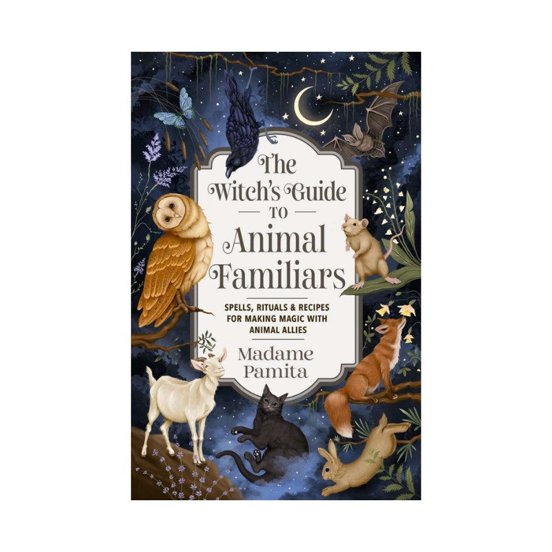 Book cover of 'The Witch's Guide to Animal Familiars' with illustrations of animals against a night sky.