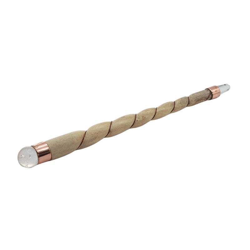 Twisted wooden stick with copper and quartz ends on a white background