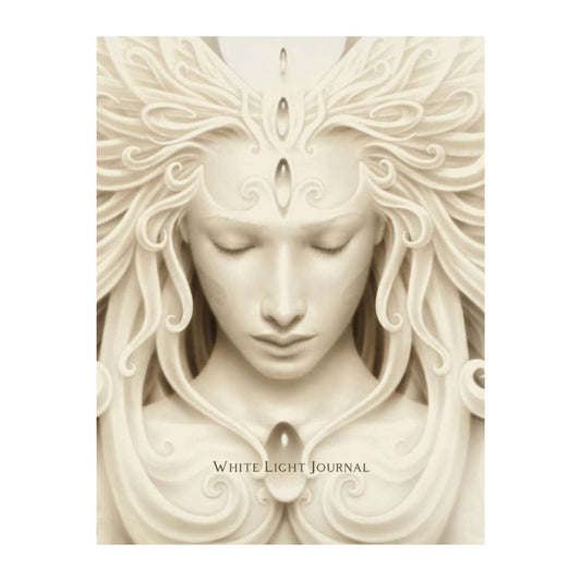 Cover of 'White Light Journal' with artistic depiction of a face and flowing hair.