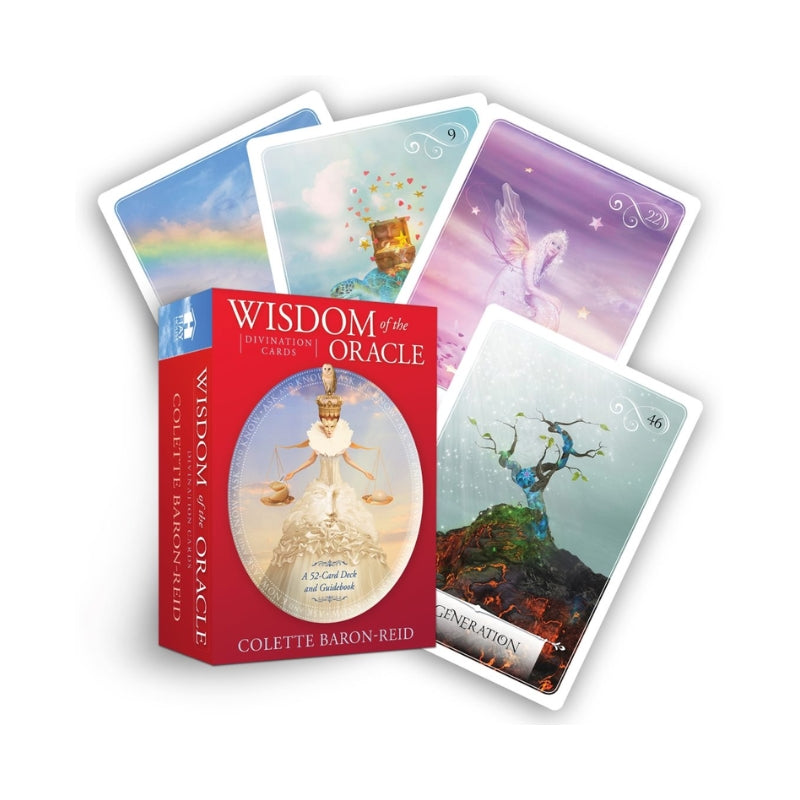 Wisdom of the Oracle card deck box with four illustrated cards fanned behind it on a white background.