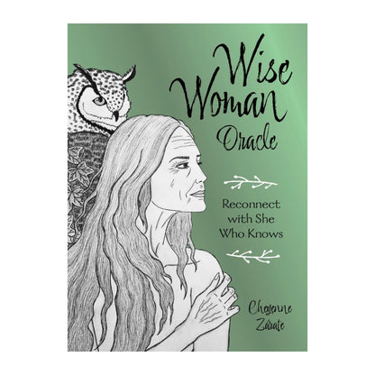 oracle deck cover of 'Wise Woman Oracle' with illustration of a woman and an owl on a green background