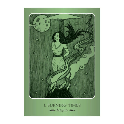 Illustration of a woman with flowing hair against a green background, labeled '1. Burning Times'.