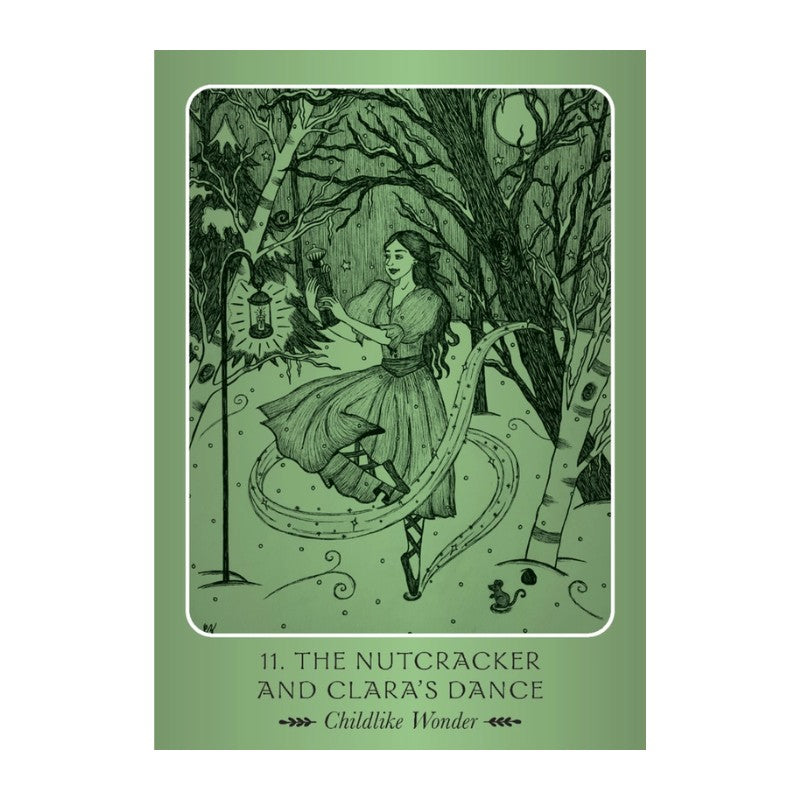 Illustration of a woman in a forest with text 'The Nutcracker and Clara's Dance' on a green background