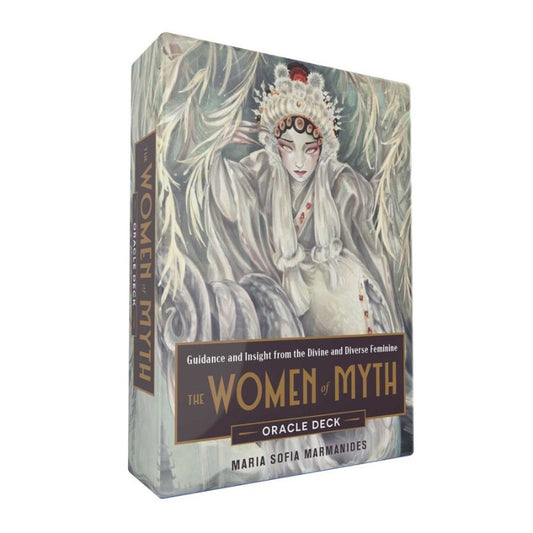 front cover of the Women of Myth oracle card set showing a woman wearing a white robe and crown