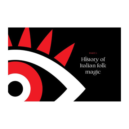 Book page with abstract design and text 'History of Italian folk magic' on a black background