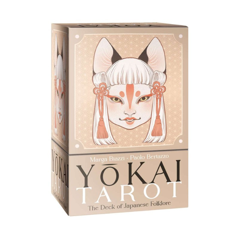 Yokai Tarot card deck packaging with fox mask design on a beige background
