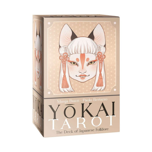 Yokai Tarot card deck packaging with fox mask design on a beige background