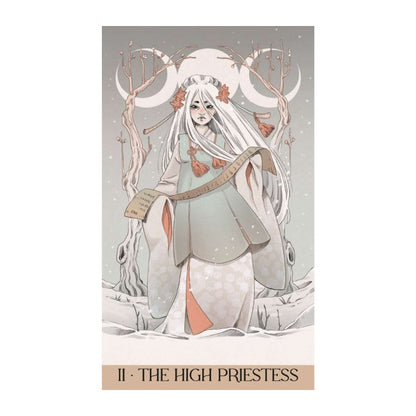 Tarot card featuring 'The High Priestess' with a woman in a long white dress and white hair against a gray background.
