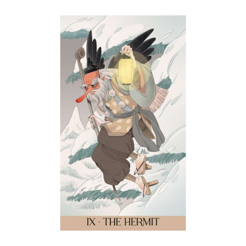 Card featuring 'The Hermit' from a tarot deck with a mountainous background