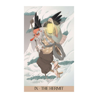 Card featuring 'The Hermit' from a tarot deck with a mountainous background