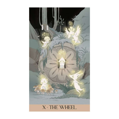 Tarot card featuring 'The Wheel' with fairies and a wheel in a mystical setting