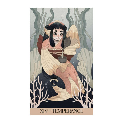 Illustration of a character from 'Temperance' tarot card with ocean-themed background
