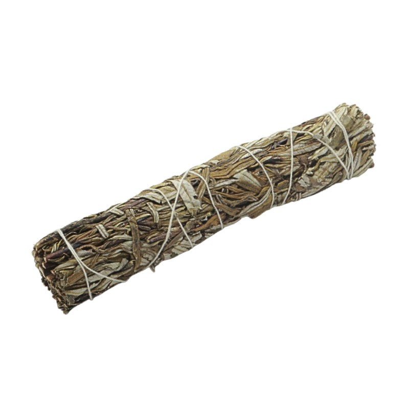 Bundled yerba santa smudge stick on a white background