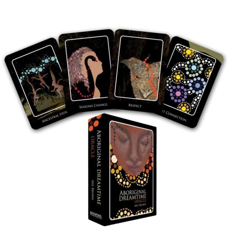 Image of aboriginal dreamtime oracle card deck with 4 oracle cards above