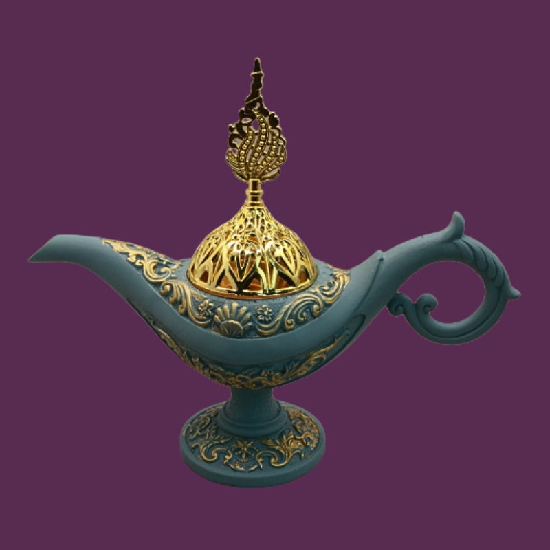 blue and gold incense holder in the shape of an aladdin genie  lamp