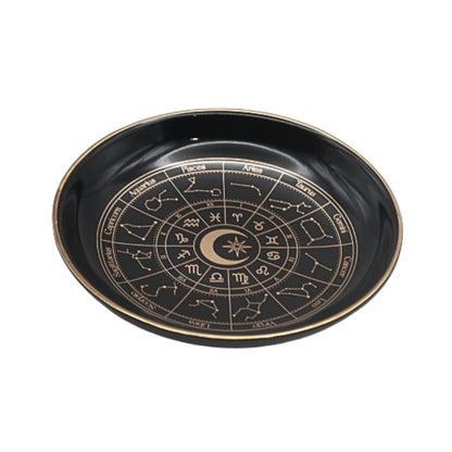 Black dish with astrological symbols on a white background