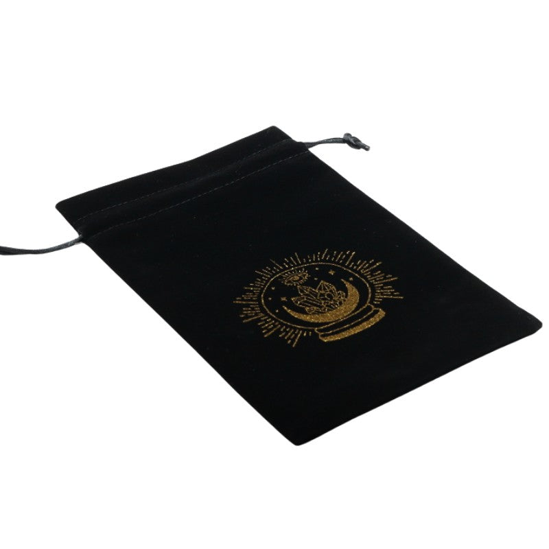 black drawstring velvet tarot bag with gold crystal ball design 