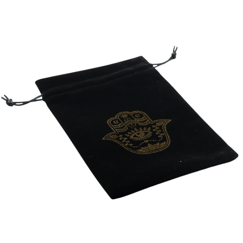 black drawstring velvet tarot bag with gold hand of fatima design