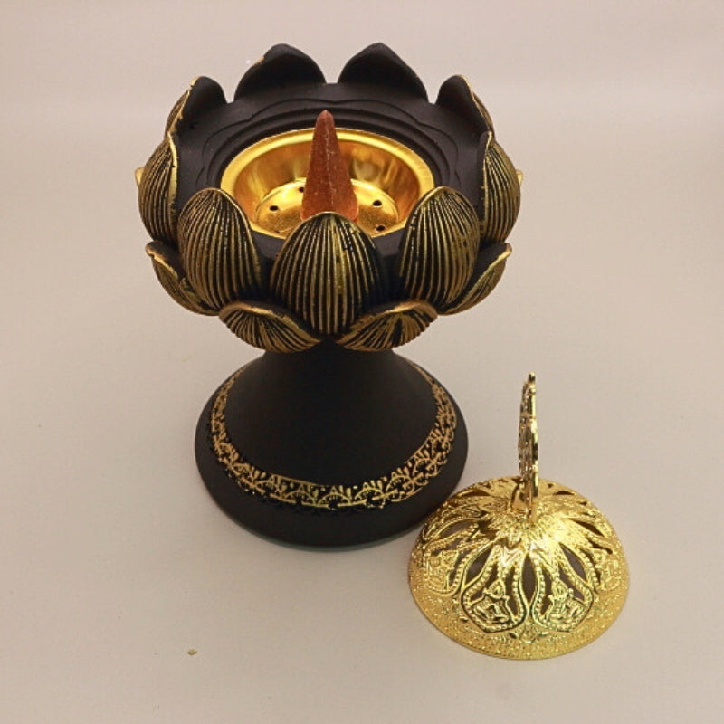 black and gold resin lotus incense holder on stand