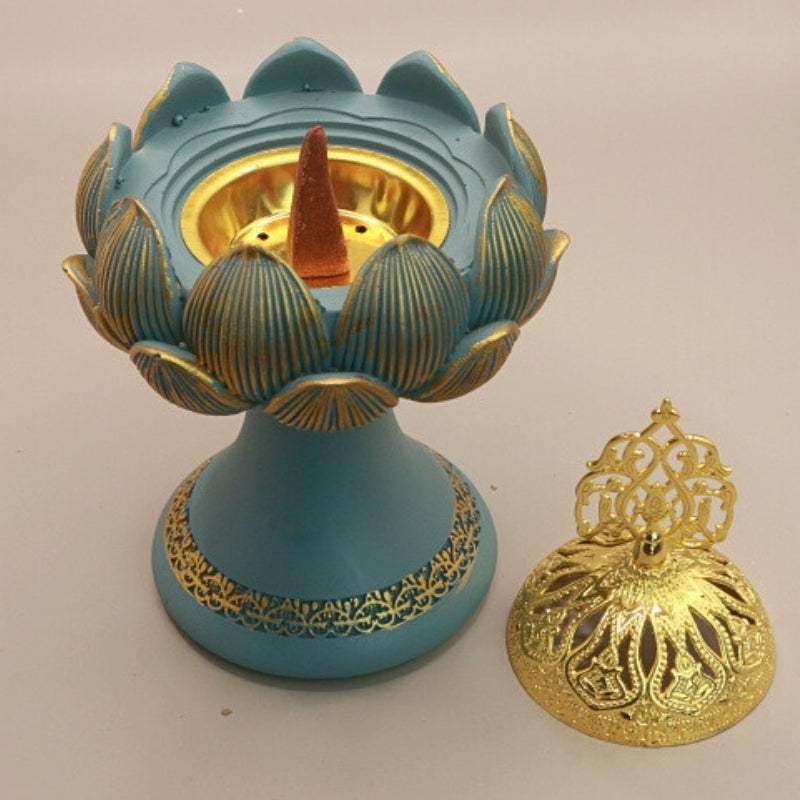 blue and gold resin lotus incense holder on stand