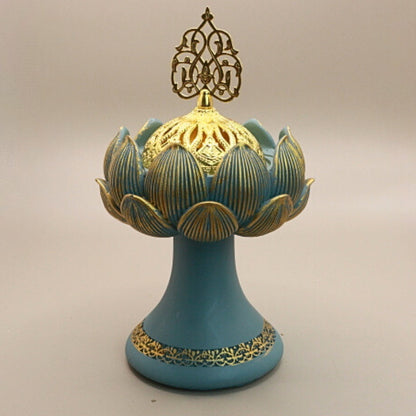 blue and gold resin lotus incense holder on stand