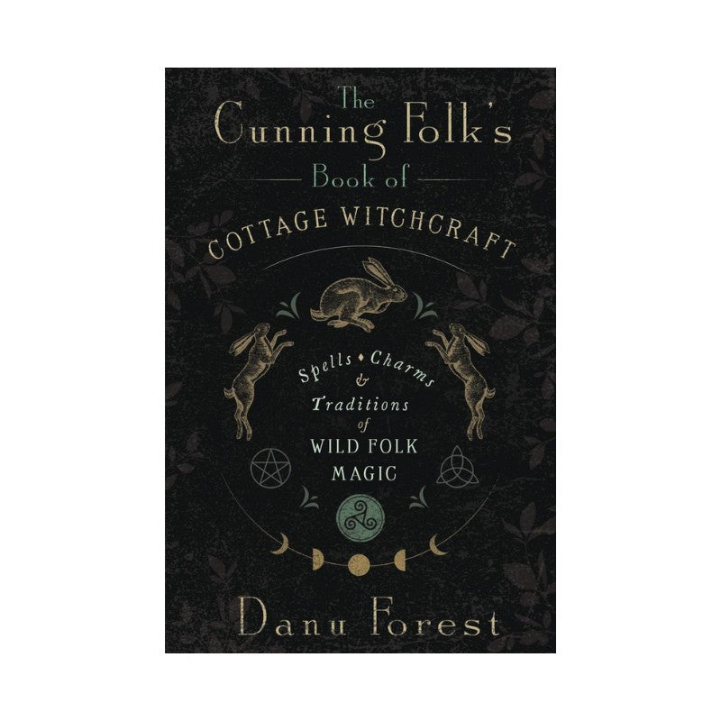 Book cover of 'The Cunning Folk's Book of Cottage Witchcraft' with rabbit illustrations and dark background