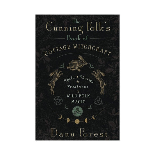 Book cover of 'The Cunning Folk's Book of Cottage Witchcraft' with rabbit illustrations and dark background