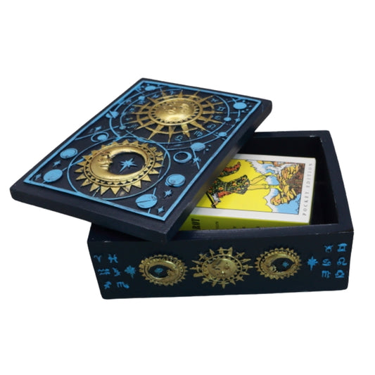 Blue & Gold Sun & Moon Tarot Card / Trinket Storage Box with pocket sized rider waite tarot deck