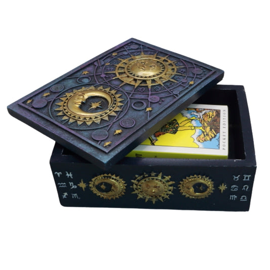 Purple & Gold Sun & Moon Tarot Card / Trinket Storage Box with a rider waite pocket sized tarot card pack inside