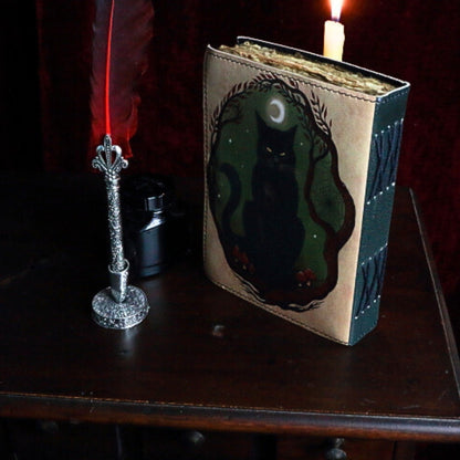 leather bound book with an image of a black cat on the front. A red feather pen sitting next to the book, in front of a beeswax candle
