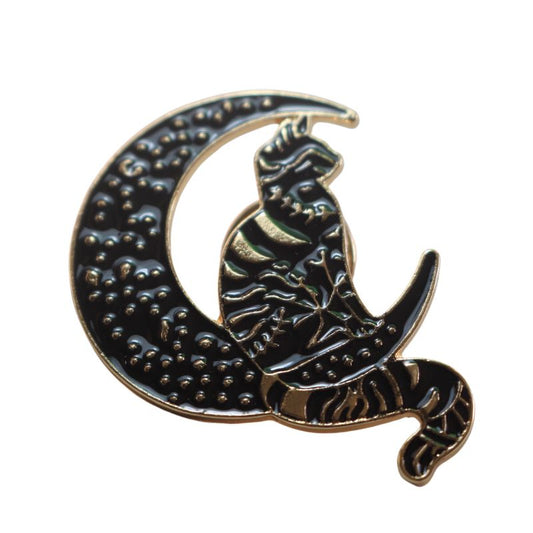 Black Cat & Moon Enamel Badge, Witchy Bag Charm Or Hat Pin