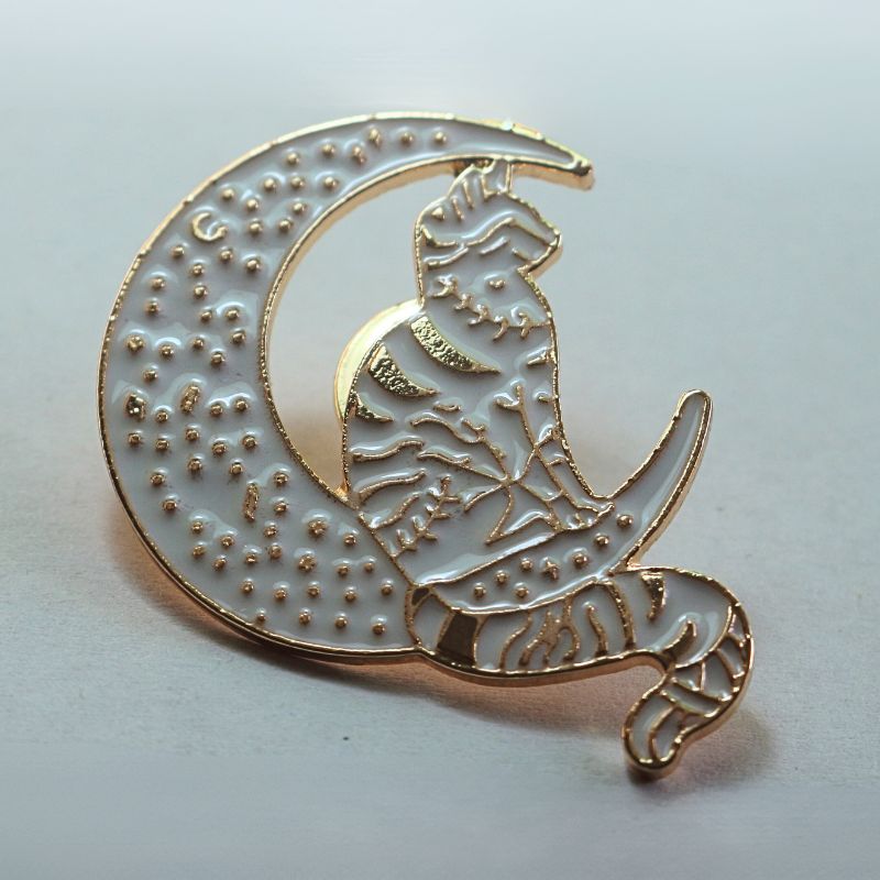 White Cat & Moon Enamel Badge, Witchy Bag Charm Or Hat Pin