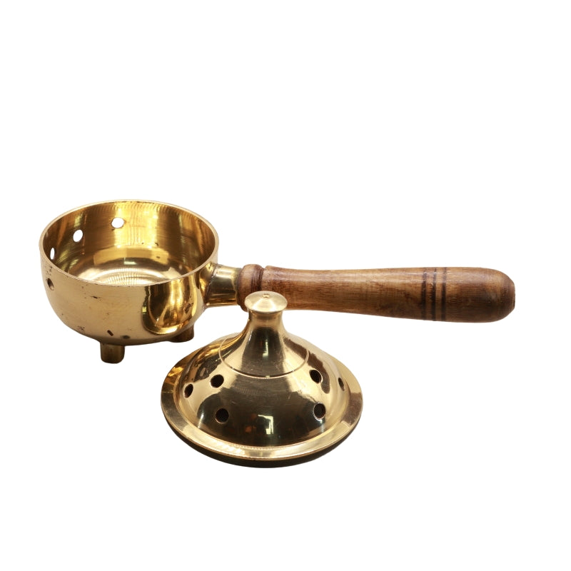 Brass Charcoal Incense Burner With Wooden Handle