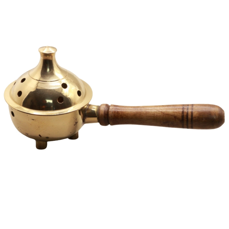 Brass Charcoal Incense Burner With Wooden Handle
