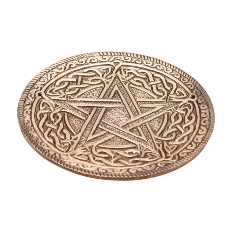 aluminium incense holder with a pentacle design and celtic knot around border