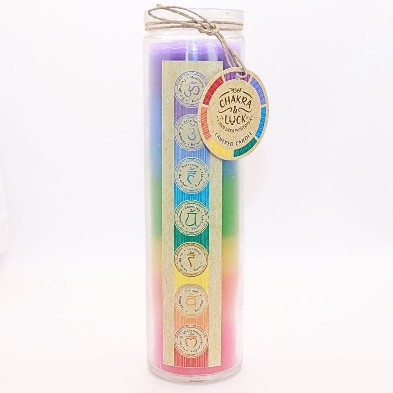 Rainbow coloured 21cm 7 layer chakra candle in a glass jar