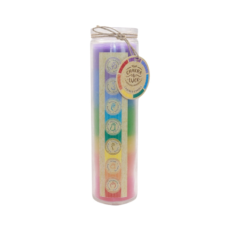 7 layered rainbow coloured chakra candle in clear glass jar