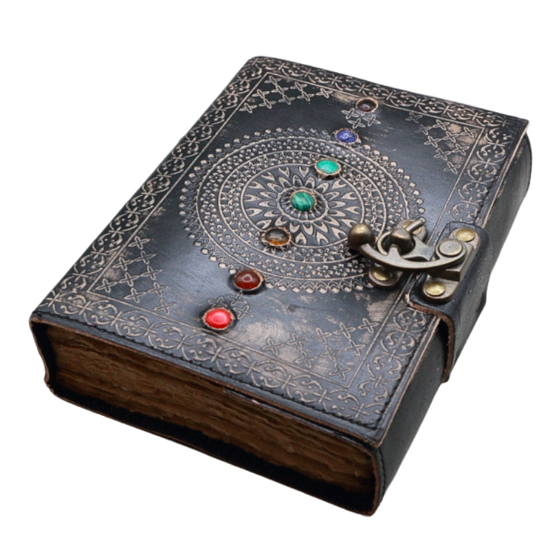  Leather Journal with coloured stones running down the middle representing the chakras and a swivel locking clasp