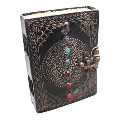  Leather Journal with coloured stones running down the middle representing the chakras and a swivel locking clasp